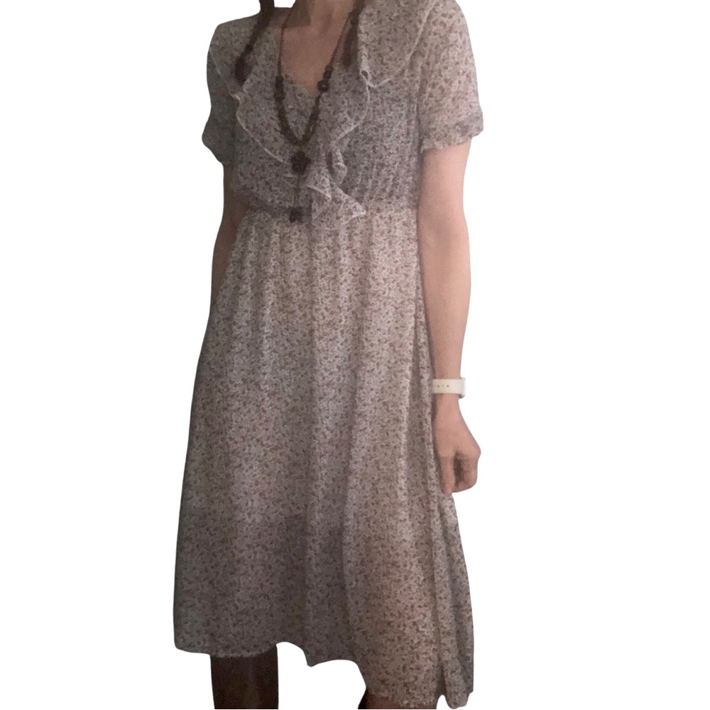 Cottagecore Ditsy Floral Midi Dress Ruffled Neckline Empire Waist Sheer Pullover - Picture 4 of 11